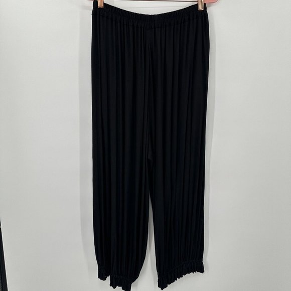 Kedem Sasson Solid Black Elastic Waistband‎ Ruffle Hem Wide Leg Pants One Size - Picture 6 of 10